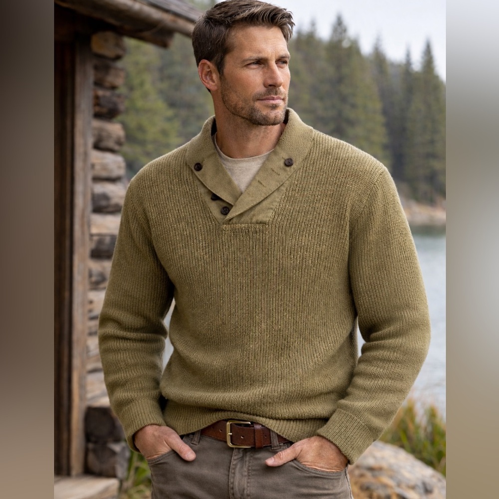 Orvis Sweater Mens Shawl Collar Button Pullover Elbow Patch Nice XXL